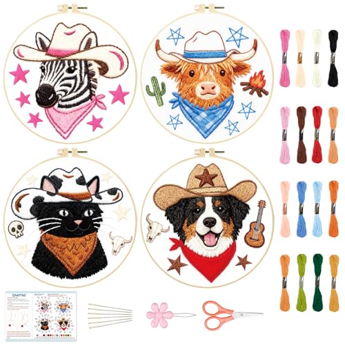 BEUNITONE 4 Set Embroidery Kit for Beginners, Animal Cowboy Patterns Cross Stitch Kits, Needlepoint Kits for Adults with Hoop, Cute Hand Embroidery Patterns for Cloth and Home Decor - style: A-Cowboy Animals