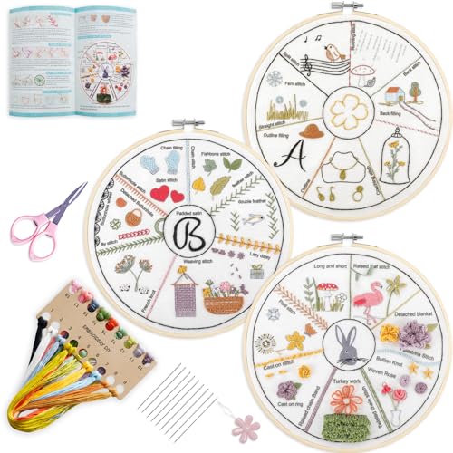 SevFan Beginners Embroidery kit,3 Sets Embroidery Starter Kits for Adults Beginners, Practice 36 Different Stitches, DIY Creative Figures Inspired Projects Needlepoint kit - color: Stitch practice kit