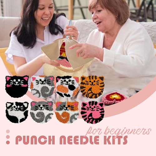 Punch Needle Kit for Beginners Adults Easy Needle Punch Embroidery Tool Set Including Threader Instruction Fabric Hoop Yarn Coaster DIY Making Kit Supplies,Set of 8 Cat Cute Pet Art Crafts Gifts - color: Cat
