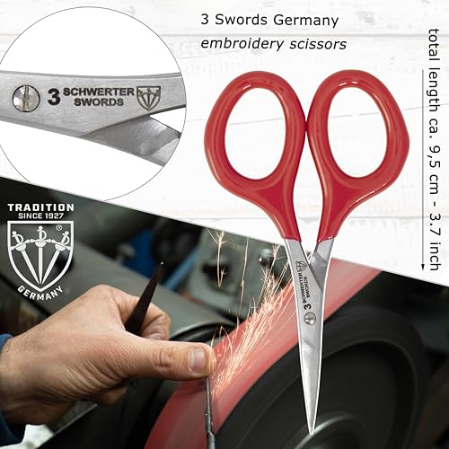 3 Swords Germany - Embroidery Scissors, Shears for Art Work, Daily Use in Household, Sewing, Art Work, Craft with Synthetic Leather case - red/black - color: Red/Black