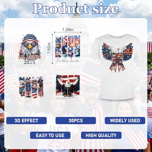 30Pcs 4th of July Dtf Transfers Ready to Press Floral Independence Day Iron on Transfers for Tshirts 250th Anniversary Transfer Vinyl Stickers for Clothing Pillows Bag DIY Crafts - color: Fourth of July