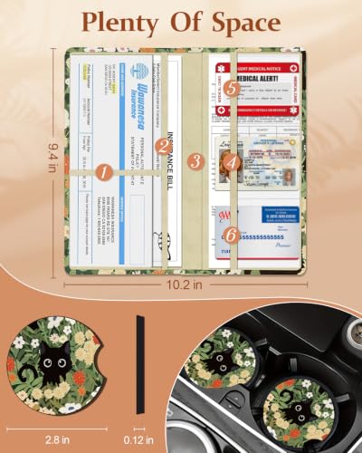 Slohif Car Registration and Insurance Holder with 2 Car Coasters, Elegant - color: Green Flower Cat