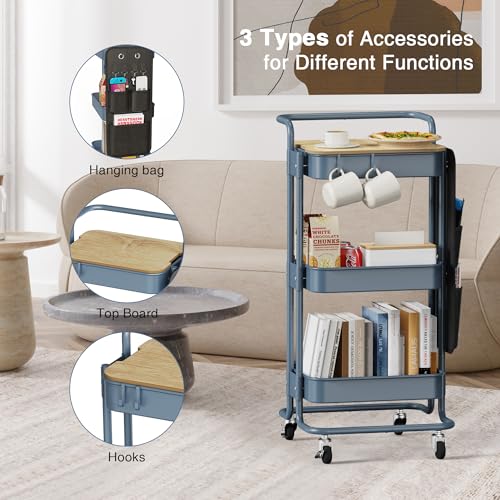DTK 3-Tier Rolling Cart with Table Top, Metal Utility Cart with Side Bags - color: Blue, size: Large