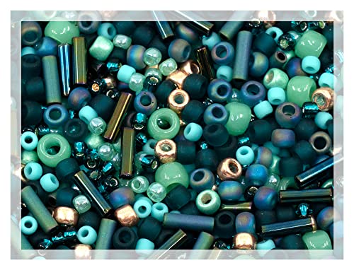 0.35oz (10g) Mix of Small Rocailles, Seed Beads & Bugles 2-10mm TOHO Japanese Glass Beads, Mix TOHO Teal Gold (Like 3222 - Tatsu Teal) - color: TOHO Teal Tatsu - Mixed (2-10mm)