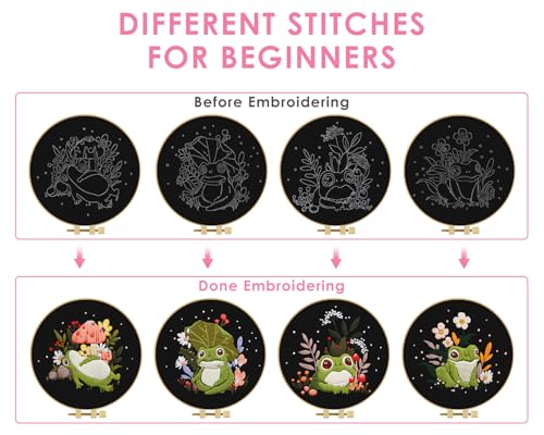 TINDTOP 4 Pack Embroidery Kit for Adult, Embroidery DIY Starter Kit - color: Frog