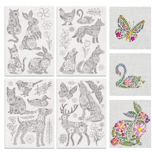 BENECREAT 4 Sheets 41pcs Flower Animals Water Soluble Hand Sewing Stabilizers, Flower Leaves Pattern Tear Away Embroidery Stabilizers for Embroidery, Carves, Shirts, Coats, Bags, Towels