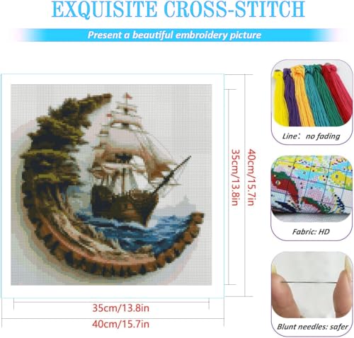KYOQFVN Sailboat Stamped Cross Stitch Kits, Ocean Sail Boat Needlepoint Counted Cross Stitch Kits for Beginners Adults, Patterns Dimensions Needlecrafts Embroidery Kits Arts and Crafts 14×14 Inch - color: SZXCHUAN-US