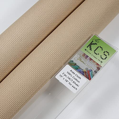 KCS 2 pc of 15" x 18" Counted Cross Stitch Cotton Aida Cloth Needlework Fabric (Khaki, 14CT) - color: Khaki, size: 14CT