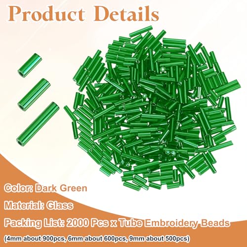 MECCANIXITY 2000pcs Glass Bugle Beads 4/6/9mm Long Tube Cylinder Beads - color: Dark Green
