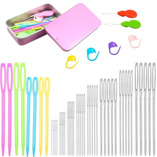 Eketirry 54 PCS Large-Eye Blunt Needles kit, 8 Sizes Stainless Steel Yarn Knitting Sewing Needles, Crafting Weaving Stringing Needles with Threaders and Stitch Markers (Rosy Purple) - color: Rosy Purple-54pcs