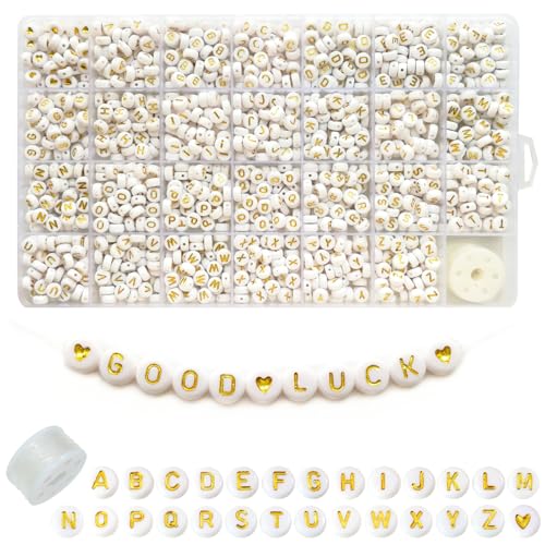 Looconi 1400pcs Letter Beads A-Z 4x7mm White On Gold Round Acrylic Alphabet Heart Beads and Beading Cord for Jewelry Making Bracelets Necklaces Key Chains - color: White&Gold, size: 7x4mm