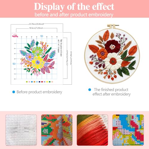 Zhenqing Floral Bouquet Cross Stitch Kit for Beginners - Complete Set with Pre-Printed 11CT 24x24cm Fabric, Hoop & Threads (68993) - color: 68993