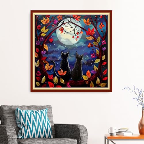 Redxing Stamped Cross Stitch Kits Full Range of Embroidery Starter Kits- Needlepoint Counted Cross Stitch Kits for Beginner Adults 11CT Printed Embroidery Kit-Cat Admiring the Moon 18x18 inchs - color: ArtsKit07