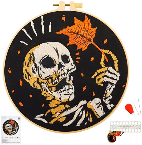 Crafmanoe Halloween Gothic Embroidery Starter Kit for Beginners Adults, Skull Skeleton Stamped Cross Stitch Kits for Beginners Adults, Funny Fall Hand Embroidery Needlepoint Kits with Video Tutorial - color: H833, size: 8Inch