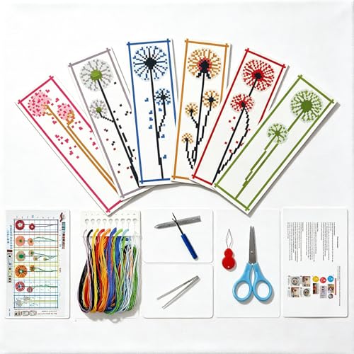 Zhenqing Dandelion Stamped Cross Stitch Bookmark Kit, 6 Floral Designs for Beginners, Book Lover Gift - color: Dandelion Bookmark