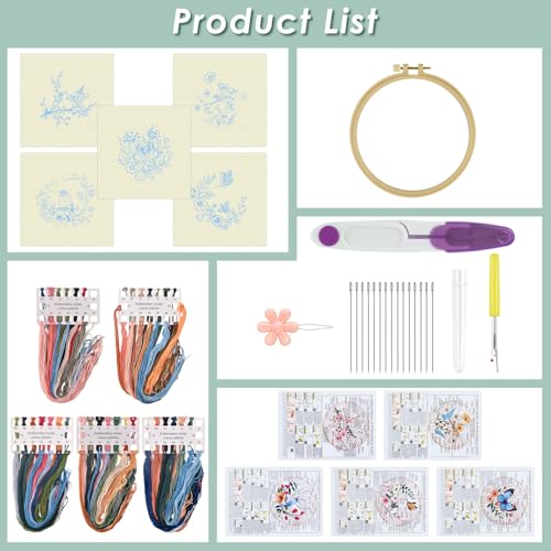 ERKOON 5 Sets Embroidery Kit for Beginners Adult Bird Flower Cross Stitch - color: Butterfly and Hummingbird