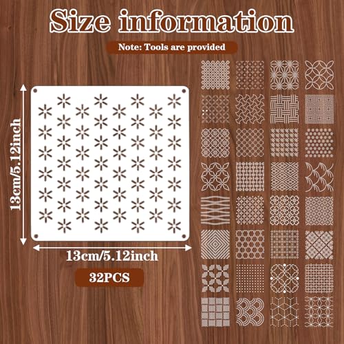 32 Pcs Sashiko Stencil, 5.12 x 5.12 Inch Quilting Stencils, Geometric Pattern Drawing Line Embroidery Template, Embroidery Pattern Stabilizer for Sewing Hand Quilting and Crafting