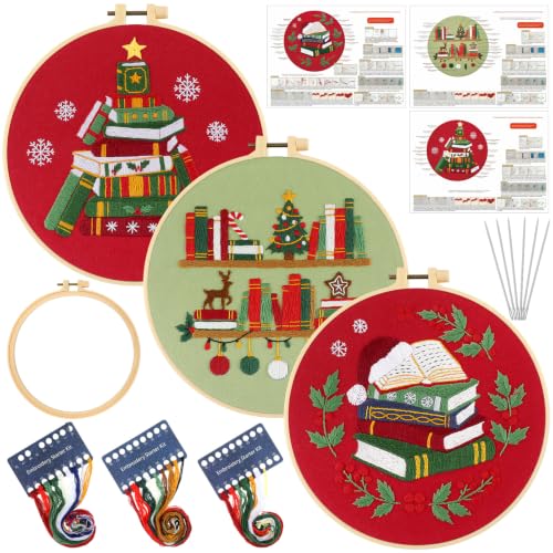 Mindsoft 3 Sets Christmas Booklover Embroidery Kit with Hoop Easy Pattern - style: Christmas Booklover