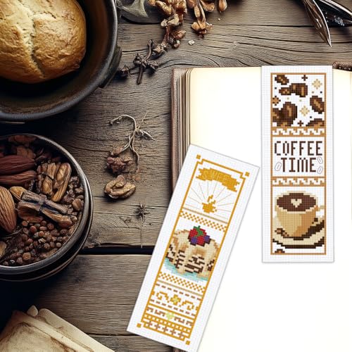 BEUNITONE 6 Pcs Cross Stitch Bookmark Kit for Beginner Coffee and Sweet Time Theme Hand Embroidery Kit with Instruction Tea Stamped Embroidery Bookmarks Handmade for DIY Crafts Book Lovers 8.5''x3'' - style: Afternoon Tea