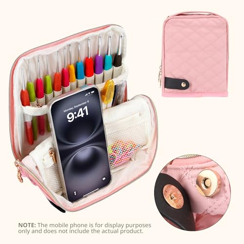 BAGCRAZY Stand-Up Crochet Hook Case Organizer, Travel Craft Holder with Phone Pocket, Quilted Bag with 9 Hooks, Needles & Scissors, Gift for Crochet Lovers - color: Pink