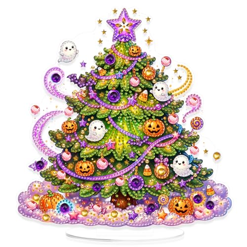 Eiflow Halloween Diamond Art Tabletop Kit for Adults Pumpkin, DIY Table Top Diamond Art Painting with Stand, Acrylic Stand Up Gem Painting Board Kit (Halloween Tree) - color: Halloween Tree