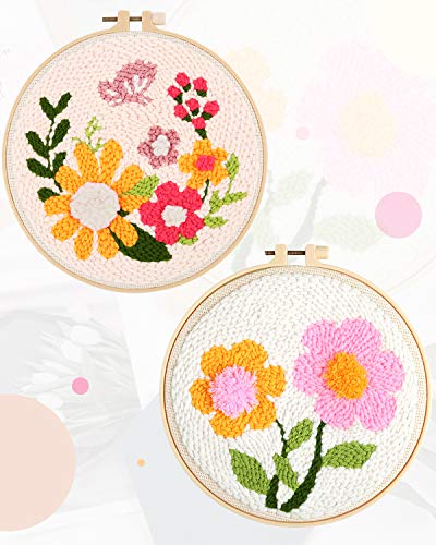 Pllieay 2 Set Punch Needle Embroidery Starter Kits Include Instructions, Punch Needle Fabric with Pattern, Yarns, Embroidery Hoops for Rug-Punch & Pinch Needle - size: 2 Style