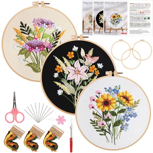 3 Packs Embroidery Kit for Adults, Embroidery for Beginners (Flower) - color: Flower