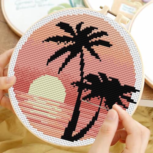 TCDZMYGS Stamped Cross Stitch Kits for Beginners-Sunset Scenery,with Hoop - color: Seascape-2603