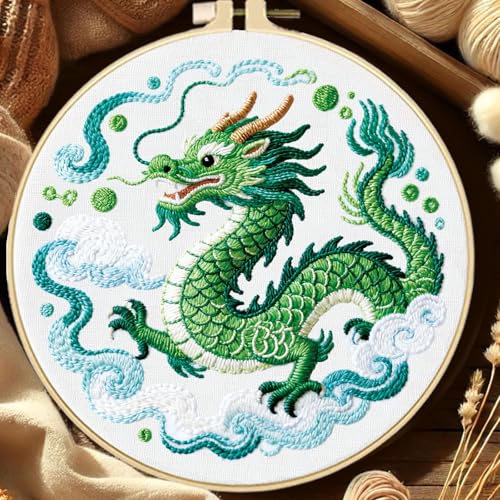 FREEBLOSS 4 Sets Embroidery Kit for Beginners Needlepoint Dragon&Cloud Stamped Embroidery Starter Kit with Instructions, Needles, Threads, 2 Hoops 11.6"/29.5CM - style: Traditional Dragon