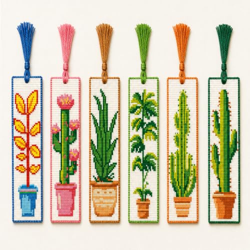 Zhenqing Cactus Stamped Cross Stitch Bookmark Kit, 6 Botanical Plant Designs on 11CT Fabric for Beginners, Book Lover Gift - color: Cactus Botanical Bookmark