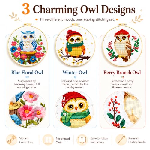 Zhenqing 3-Piece Owl Cross Stitch Kit Stamped Embroidery Kit 11CT Printed Aida Cloth 24x24cm DIY Needlework Set with Hoop, Thread, Needle & Tools Beginner Embroidery Kit for Home Wall Decor Gift