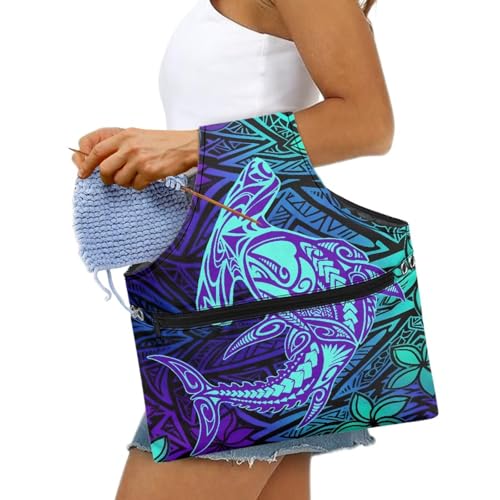 Polynesian Tribal Puletasi Yarn Tote Knitting Crochet Project Bag - color: Polynesian Tribal Puletasi Print, size: L-18.5x14x2.4in