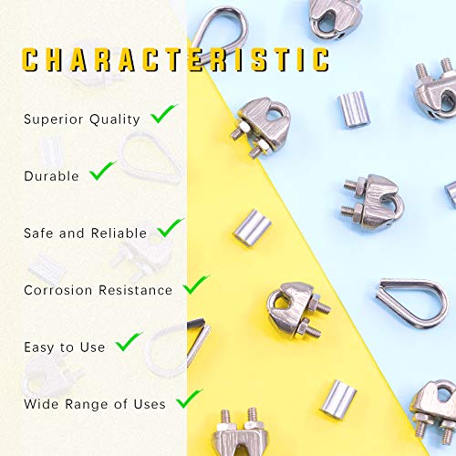 Swpeet 24Pcs M2 (1/16") Wire Rope Accessory Set, Included M2 Wire Rope Cable Clip Clamp, M2 Stainless Steel Thimble, 2mm Aluminum Crimping Loop Sleeve Perfect for 1/8 inch Wire Rope Cable (M2) - size: M2