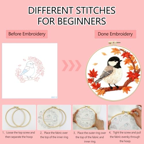 Zhenqing Black-Capped Chickadee Embroidery Kit for Beginners, Autumn Bird Needlework Craft with Pre-Printed Cotton Fabric, Hoop, Threads & Tools, Fall Decor (C0212) - color: Black-Capped Chickadee