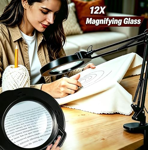 12X Magnifying Glass with Light and Clamp, 84 LEDs Real Glass Lens Magnifying Lamp for Close Work, Repair, Reading, Craft（Top Button） - color: Black 2