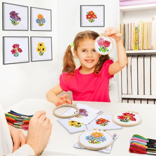 ZOIIWA 6 Pcs Flower Cross Kit for Beginner Flower DIY Embroidery Kit
