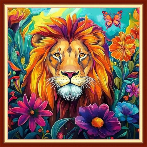 DMCVIVR Stamped Cross Stitch Kits for Beginners Adults Needlepoint Kits for Beginners Embroidery Kits for Adults Crossstitch Kit for Beginners 11CT-Colorful Lion Flowers 18x18 inchs - color: ColorNice16