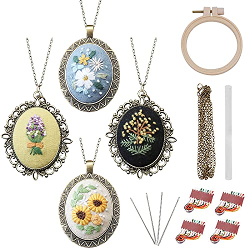 ZOCONE 4 Packs Embroidery Necklace Kits, Embroidery Pendant Kit Mini Cross Stitch Kit with Hoop, Necklace, Pendant, Stamped Pattern Cloth, Instructions, etc., Embroidery Kits for Adults - color: 4 Packs-C