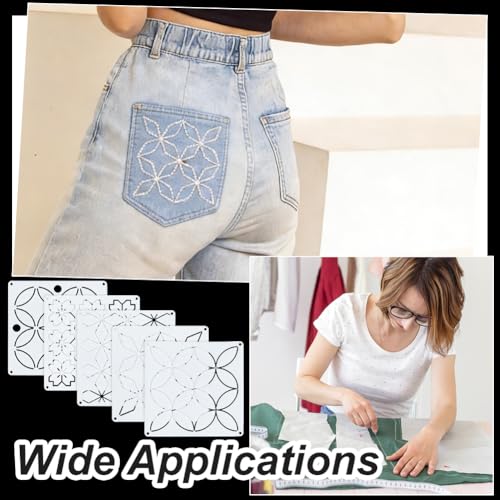 AHANDMAKER 32pcs Reusable Sashiko Stencils Japanese Embroidery Template Kit Geometric & Floral Patterns for Hand Quilting Patterns Christmas Visible Mending Fabric Painting, 5.12in x 5.12in