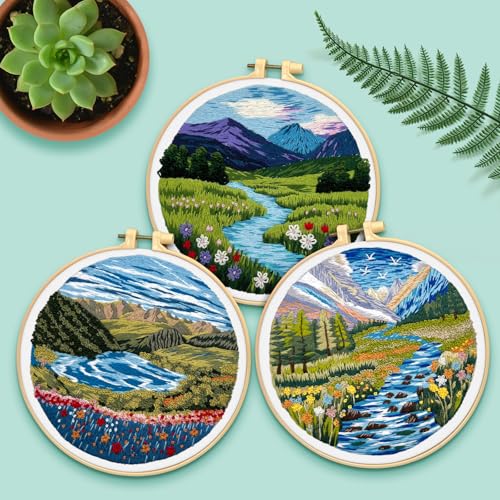 ERKOON 5 Sets Embroidery Kit for Beginners Adult Landscapes Cross Stitch - color: Landscapes