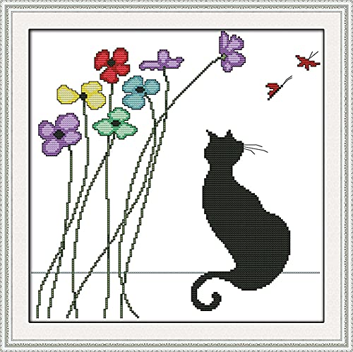 Awesocrafts Cross Stitch Kits, Black Cat and Flowers Easy Patterns Cross Stitching Embroidery Kit Supplies, Stamped or Counted (Cat, Stamped) - color: Cat, size: Stamped