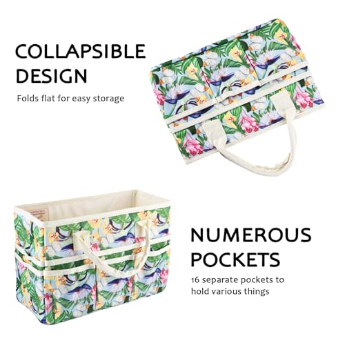 Craft Organizer Tote Bag with Multiple Pockets,Scrapbooking Art Storage - color: green flower clusters