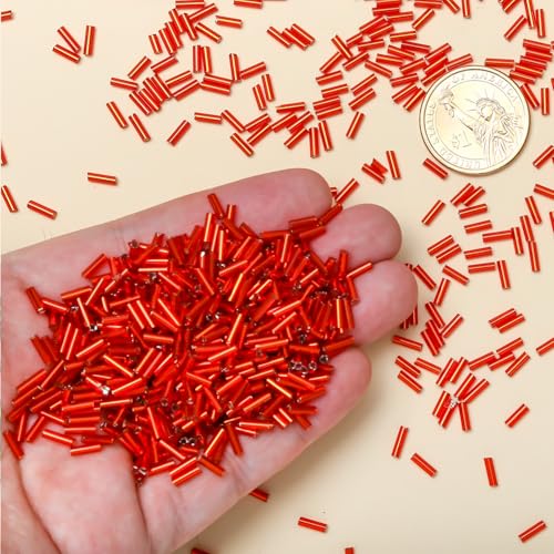 2000pcs Glass Bugle Beads, Tube Beads Bulk, Mini Long Tiny Small Waist Loose Spacer Embroidery Beaded for Bracelets Jewelry Making Sewing, Crafts, 2×6mm, Orange-Red - color: Orange-Red