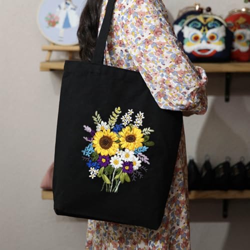 KABAKE Canvas Tote Bag Embroidery Silk Ribbon Kit for Beginners, Arts and DIY Crafts Starter Kit, Includes Stamped Bag, Threads, Tools (Black with Sunflower) - color: Black Bag with Sunflower