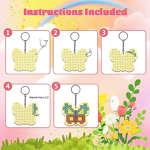 VKPI Wooden Cross Stitch Kits for Kids, Make Your Own 6 Cross Stitching Keyrings, Wood Sewing Kit, Arts & Crafts Butterfly, Flower Ornaments, Embroidery Kit for Beginners, Girls, 6-13 - color: Butterfly & Flower