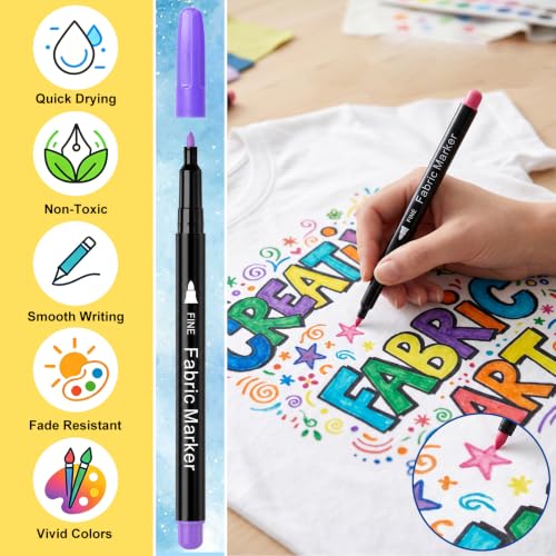 Reaeon Fabric Markers, 24 Colors Fabric Decorating Kit for Clothes, No Bleed Fine Tips Paint Pens for T-Shirts Bags, Textile, Canvas, and More