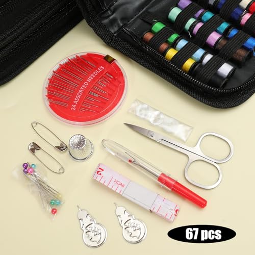 67-Piece Set Portable Travel Sewing Kit with Needles Threads Scissors Pins Tape Measure Storage Bags DIY Embroidery Handwork
