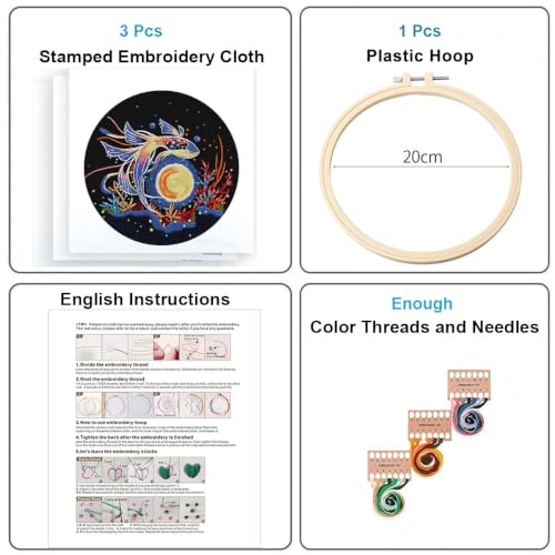 Konrisa Stamped Embroidery Kit for Adults, 3 Set Elegant Goldfish DIY Sewing Needlepoint Cross Stitch Kit with Embroidery Floss,Hoops,Color Thread,Needle,1 pc Hoop - color: fish