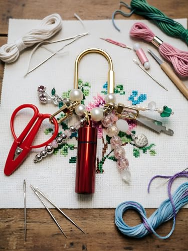 MEYAGO Needlepoint Bag Charm Tool Kit with Mini Embroidery Scissors, Needle Threader, Needle Holder Tube & Gold Keyring, Portable Embroidery Accessories for Cross Stitch Sewing DIY Crafts (Red) - color: Red