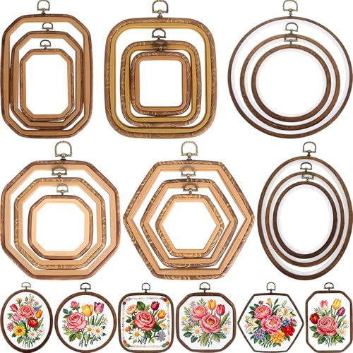Qunclay 18 Pcs Large Embroidery Hoop Frame Decorative Imitated Wood Display Frame Circle Oval Octagonal Cross Stitch Hoop Ring for DIY Sewing Craft and Hanging Ornaments Decor (Comprehensive) - style: Comprehensive